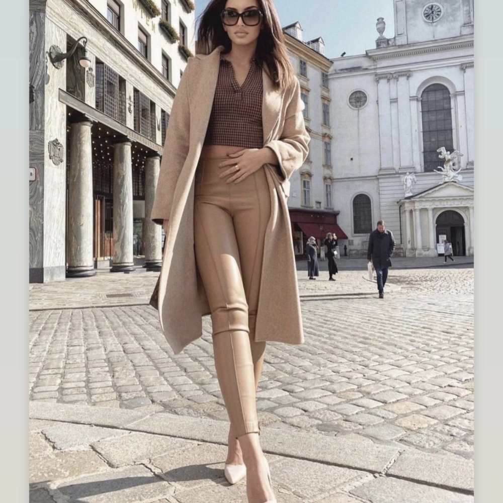 ZARA HIGH-WAISTED FAUX-LEATHER LEGGINGS BEIGE M NWT